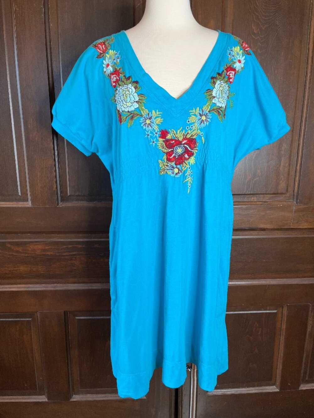 JWLA Johnny Was Aqua Blue Knit Dress Embroidered V-Neck Women's Plus Size 1X